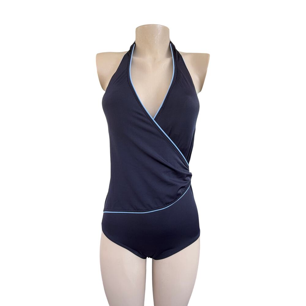 Nautica Mock Wrap Surplice Plunge V Neck Halter Swimsuit Navy Blue Size 10